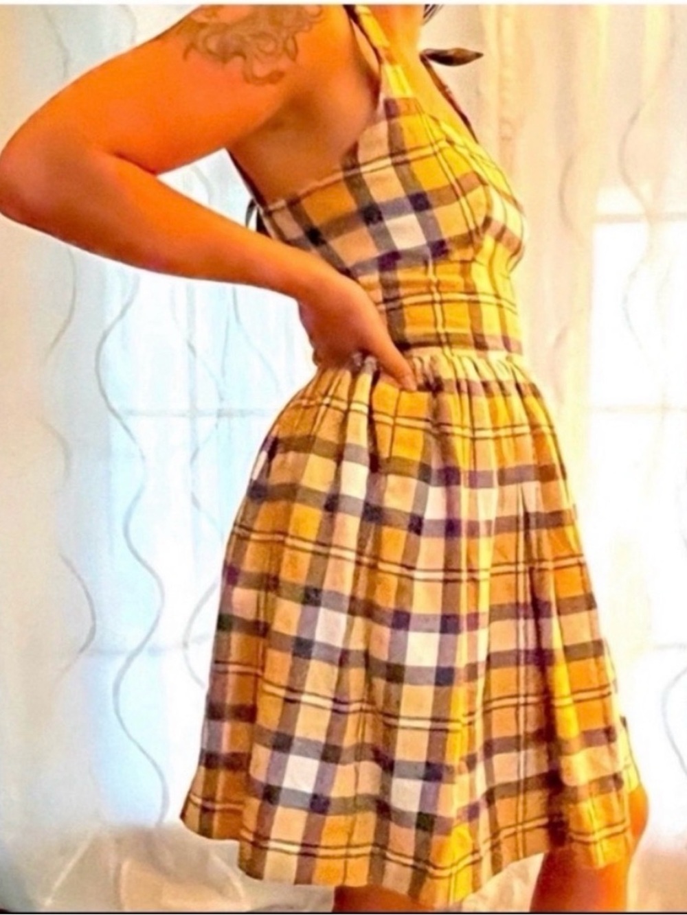 Yellow Plaid Halter Mini Dress